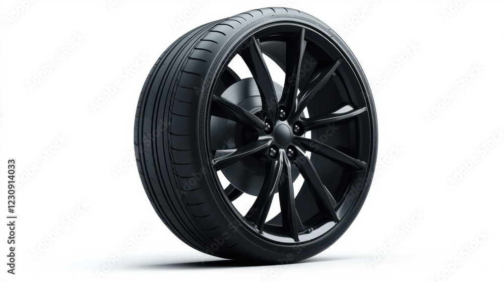 sleek black car wheel with modern design, showcasing its intricate spokes and smooth tire surface. This captures essence of automotive engineering and style sleek black car wheel with modern design, showcasing its intricate spokes and smooth tire surface. This captures essence of automotive engineering and style