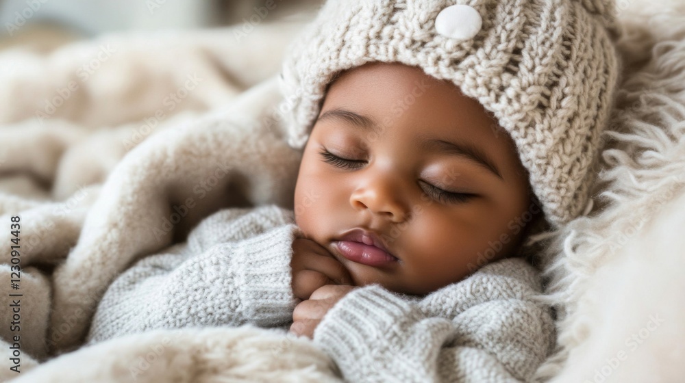 Peaceful Baby Sleeping in Knitted Hat and Sweater