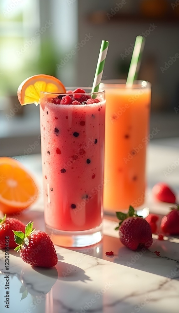 Fresh Fruit Smoothies with Ice in Glass Jars Fresh Fruit Smoothies with Ice in Glass Jars