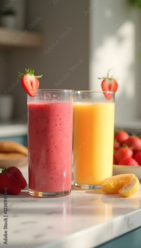 Fruit Smoothies Served in Elegant Glass Cups Fruit Smoothies Served in Elegant Glass Cups