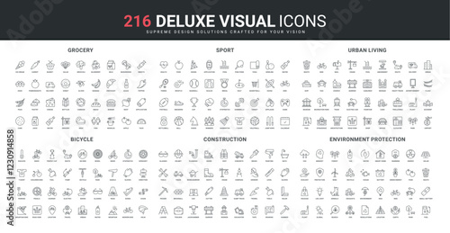 Sport, grocery, urban infrastructure and buildings line icon set. Environmental protection and regulation documents, mountain and kids bicycle, bike part thin black outline symbols vector illustration