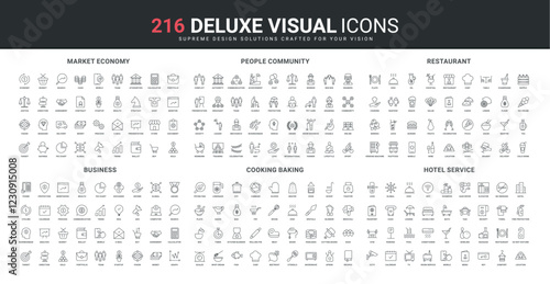 Hotel hospitality, community of people and family, cooking baking in kitchen of home, restaurant line icon set. social care and love, market economy thin black outline symbols vector illustration