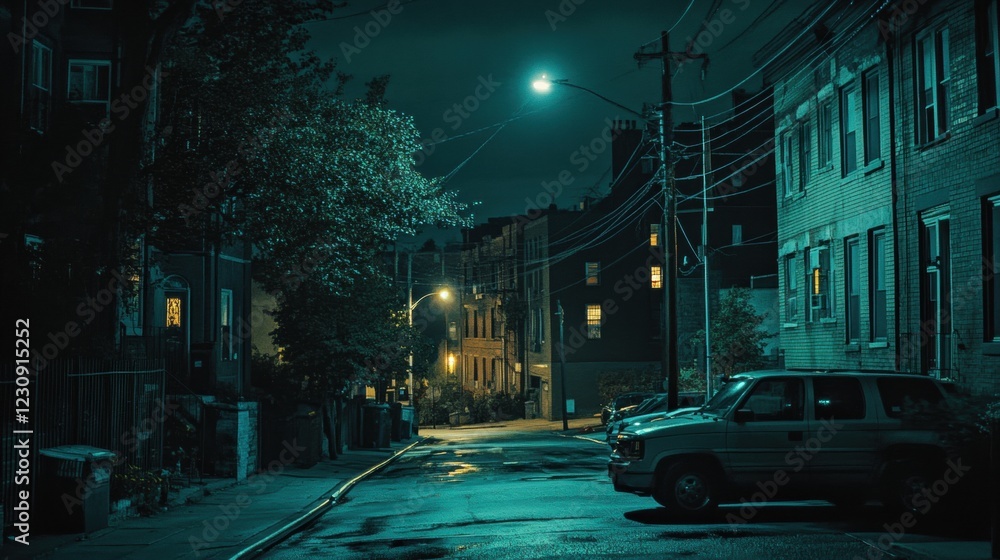 Obraz premium Quiet nighttime street scene urban environment dark atmosphere city view