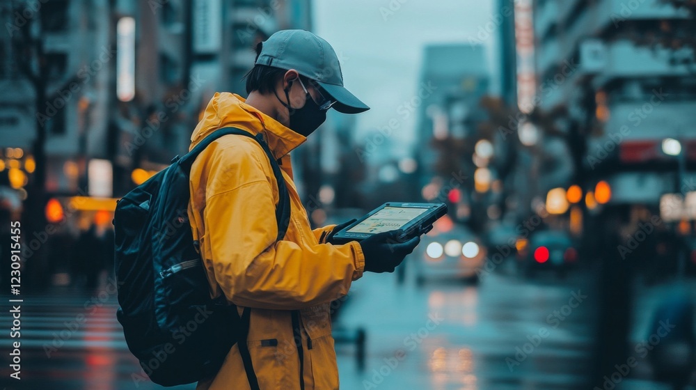Man in Yellow Jacket Using Tablet on Rainy City Street at Night Man in Yellow Jacket Using Tablet on Rainy City Street at Night