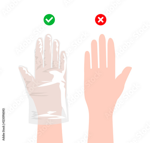 Hangs Right and wrong without wearing gloves cartoon Poly, CPE, TPE protective hand accessory clothing technical illustration garment. Vector for Men, women, unisex style flat on white background
