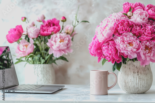 A vase of pink flowers placed beside a laptop on a wooden desk in a well-lit home office environment with a cozy atmosphere and modern decor