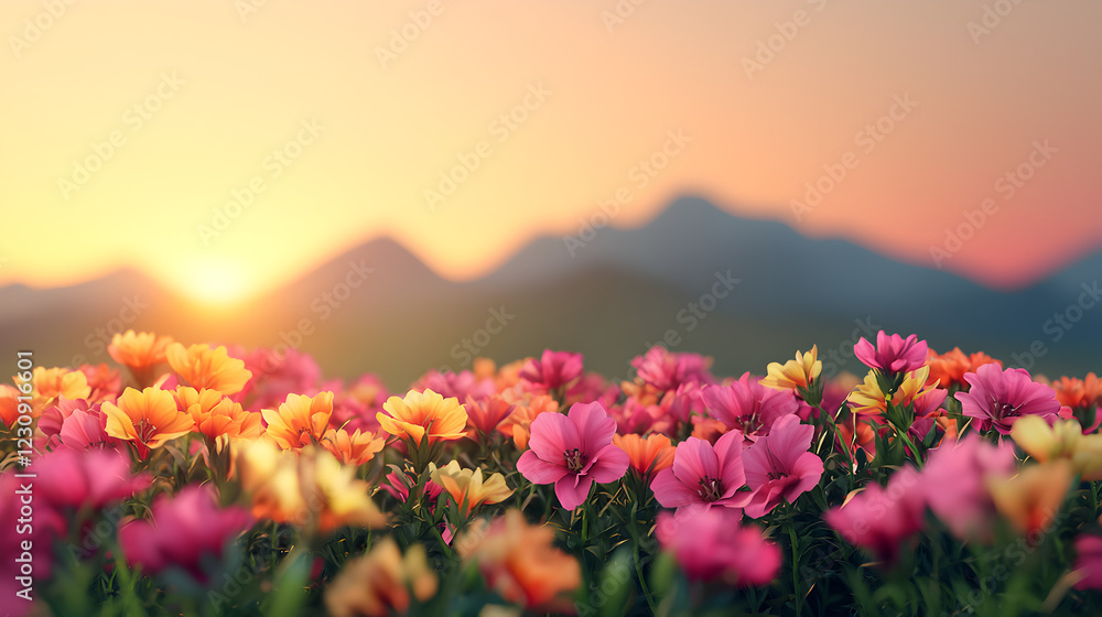 Obraz premium Vibrant Floral Landscape at Sunrise with Mountains in Background