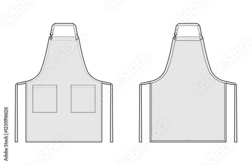 Clip Straps Aprons with two pockets technical fashion illustration. Chef uniform for cooking Flat sketch outline apparel template front, back view. Women, men unisex CAD mockup on white background