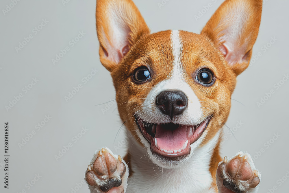 Small dog with its paws raised playfully in a vibrant indoor setting with a soft carpet and colorful decor Small dog with its paws raised playfully in a vibrant indoor setting with a soft carpet and colorful decor