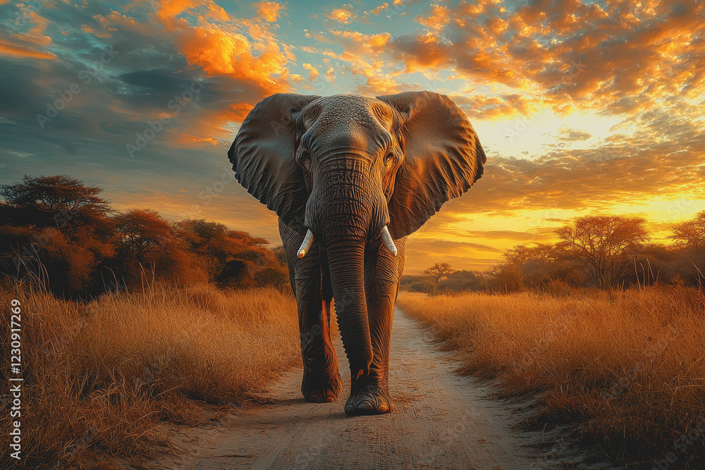 Fototapeta premium Elephant walking down a dirt road during sunset with vibrant sky and natural surroundings in landscape setting