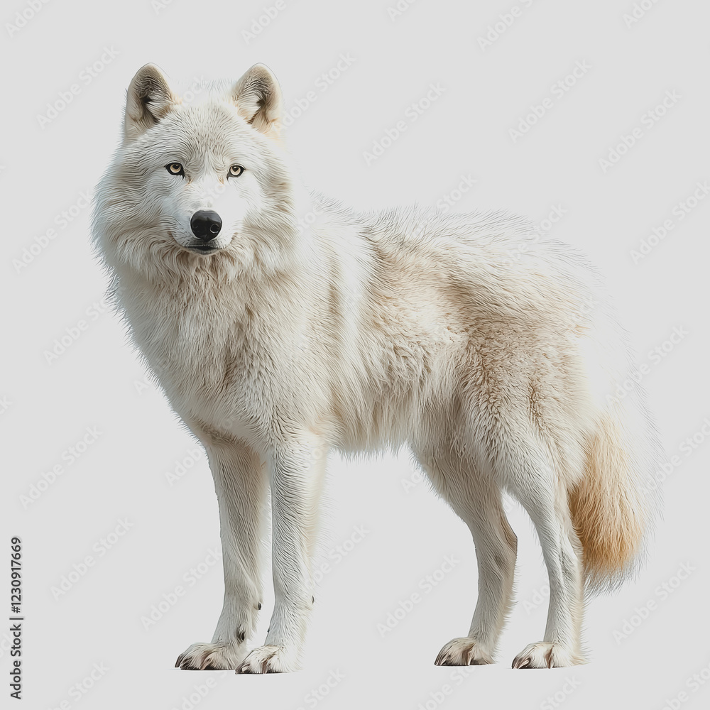 Fototapeta premium White wolf standing on a snowy surface in a natural setting with a clear blue sky during daylight showcasing wildlife and natures beauty