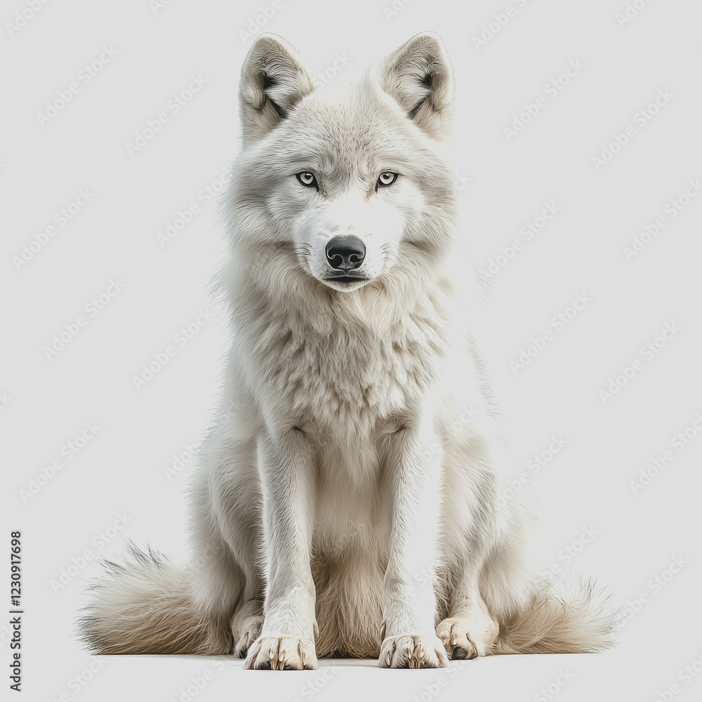 White wolf sitting on the ground with eyes open in a natural setting during daylight White wolf sitting on the ground with eyes open in a natural setting during daylight