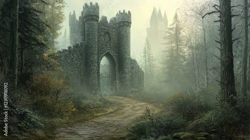 Enchanting Castle Gate in a Misty Forest Evokes Mystery and Adventure