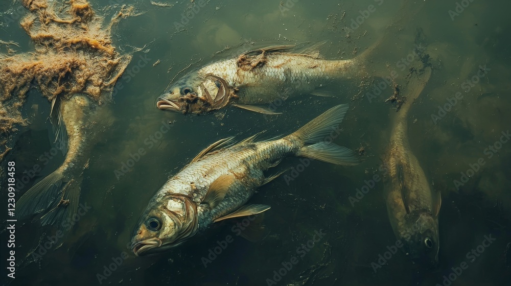 Fototapeta premium Dead Fish Floating in Murky Polluted Lake Water Surrounded by Debris