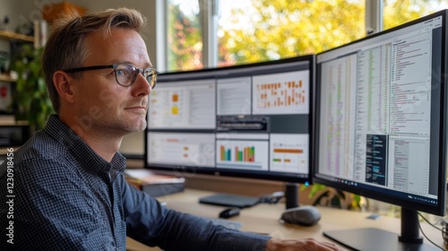 Focused Man Working at Desk with Multiple Computer Screens Showing Data Charts