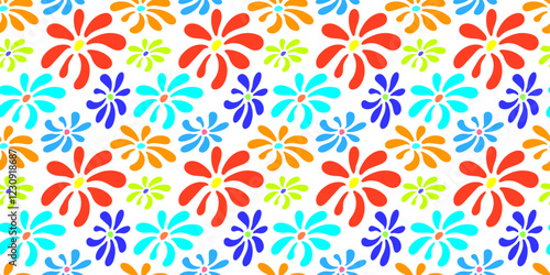 Modern tropical floral print with colorful abstract flowers. Seamless floral pattern featuring abstract multicolored flowers on a white background. Ideal for textiles, wallpapers, and digital backgrou