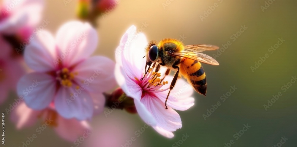 Yellow hoverfly sipping nectar from cherry blossom, spring, wildlife Yellow hoverfly sipping nectar from cherry blossom, spring, wildlife