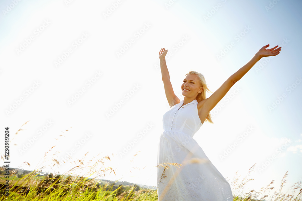 Freedom, field and woman with open arms on vacation for travel, holiday and mockup space. Nature, peace and person with hands outstretched on sky for fresh air, adventure and smile in countryside Freedom, field and woman with open arms on vacation for travel, holiday and mockup space. Nature, peace and person with hands outstretched on sky for fresh air, adventure and smile in countryside