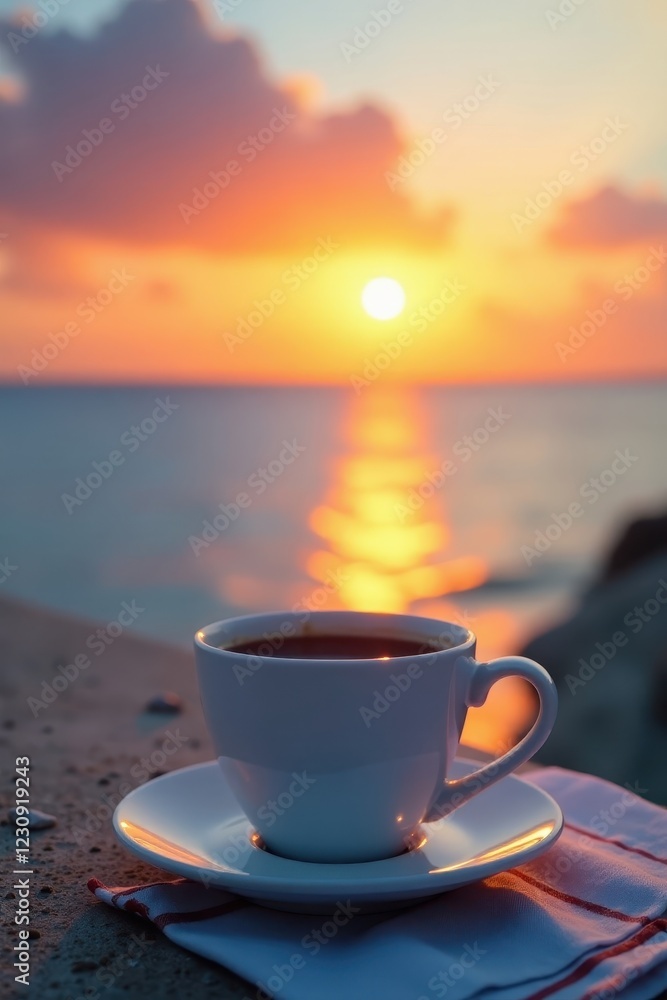 Sunset over blue ocean, warm light on white cup, beach, ocean, water Sunset over blue ocean, warm light on white cup, beach, ocean, water