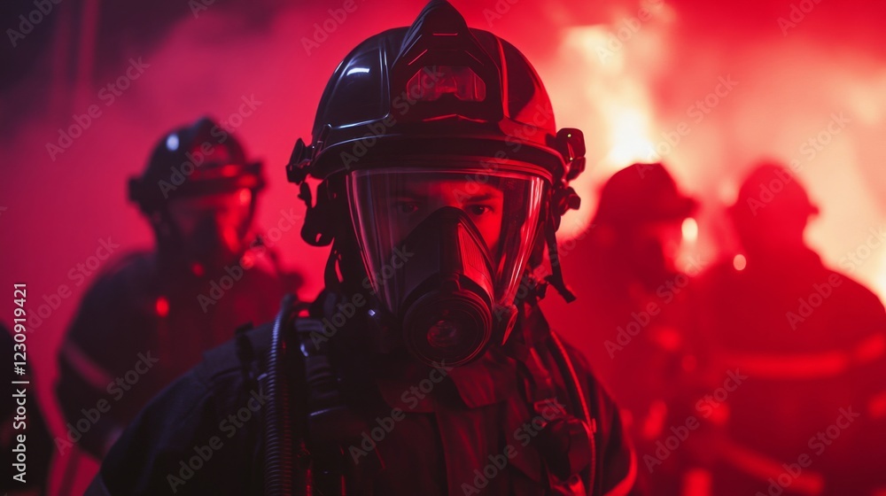 Firefighter in Red Lit Smoke Filled Scene Firefighter in Red Lit Smoke Filled Scene