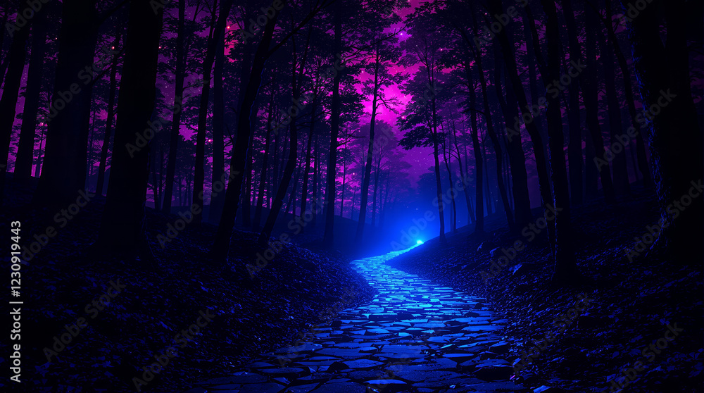 Naklejka premium Enchanted Forest Path Night Sky, Stars, Glowing Trail, Magical Trees