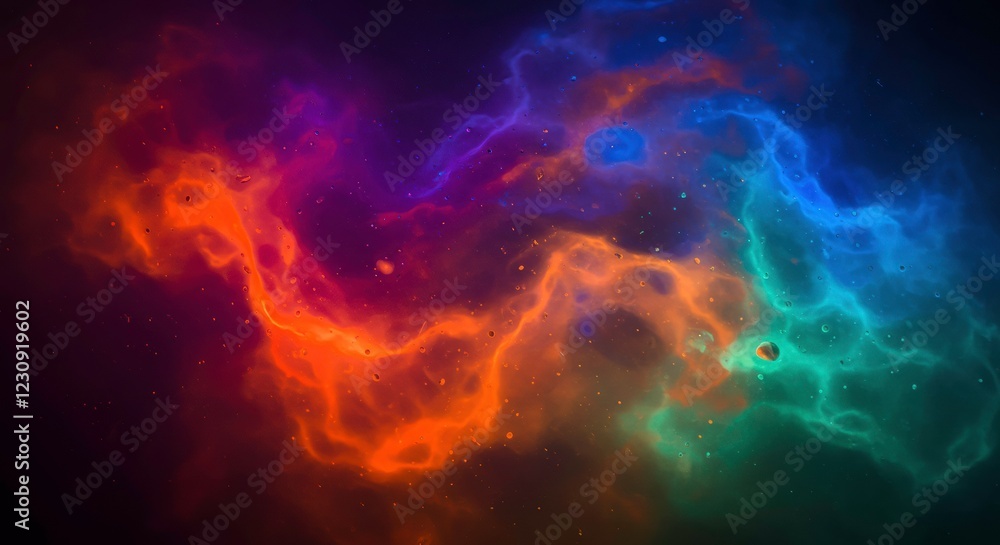 Obraz premium Nebula's Celestial Canvas: A breathtaking display of cosmic artistry unfolds, where vibrant hues dance across a canvas of darkness, painting the ethereal beauty of a distant nebula.