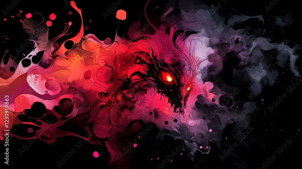 Fiery Demon Emerging from Abstract Red and Black Ink Swirls Fiery Demon Emerging from Abstract Red and Black Ink Swirls