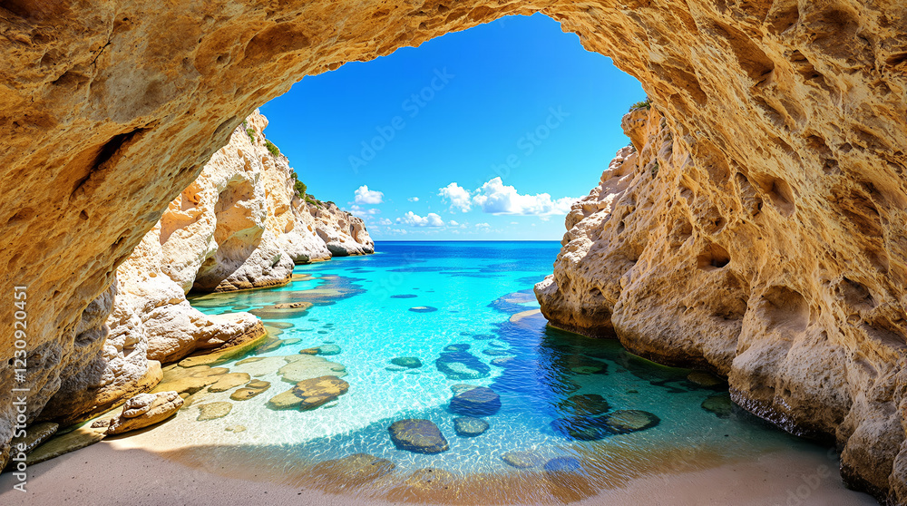 Fototapeta premium Secluded Cove, Turquoise Waters, Sandy Beach, Rock Formations, Sunny Day, Island Paradise, Mediterra