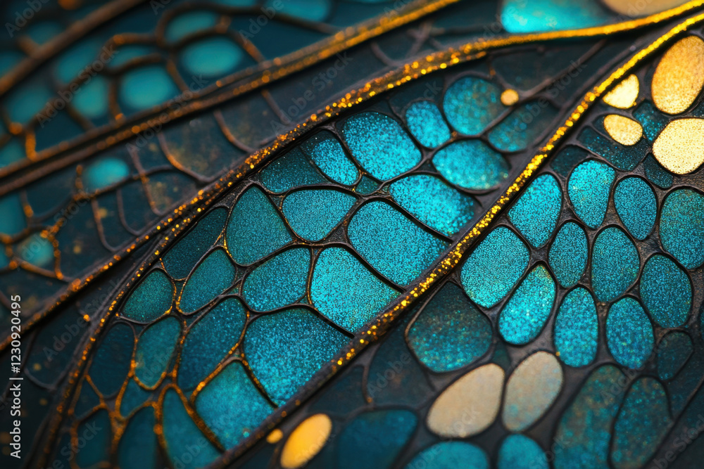 Close up shot of dragonfly wing texture featuring intricate patterns and vibrant colors, showcasing shades of blue, gold, and green. delicate details create mesmerizing visual effect Close up shot of dragonfly wing texture featuring intricate patterns and vibrant colors, showcasing shades of blue, gold, and green. delicate details create mesmerizing visual effect