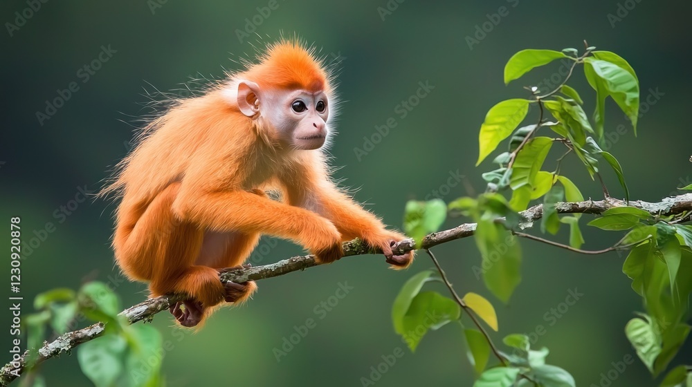 Orange Furry Young Monkey on Green Branch Orange Furry Young Monkey on Green Branch