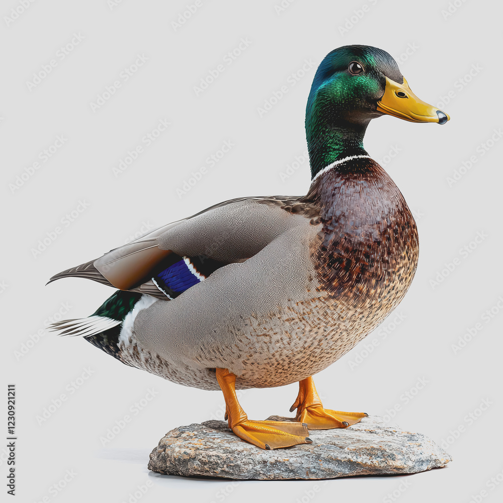 Obraz premium Duck standing on a rock by a body of water in natural habitat with greenery and reflections in the background