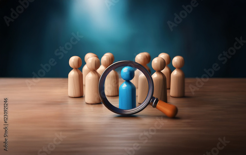 A magnifying glass focuses on a single blue figure standing out from a group of wooden figures. photo