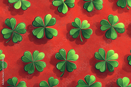 Seamless St. Patrick’s Day Pattern – Cartoon Four-Leaf Clovers on Sparkly Red Background