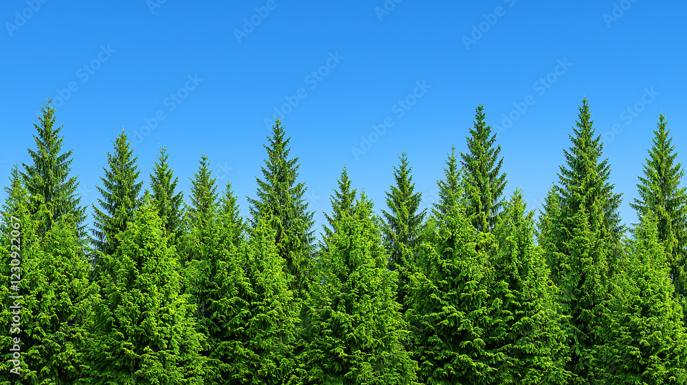 Lush green coniferous forest under a clear blue sky, ideal for nature-themed projects Lush green coniferous forest under a clear blue sky, ideal for nature-themed projects