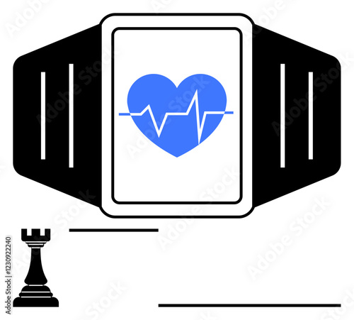 Smartwatch featuring a blue heart with pulse symbol, flanked by a chess rook icon and bold lines. Ideal for health tracking, strategy, minimalism, fitness, technology, design trends, abstract line