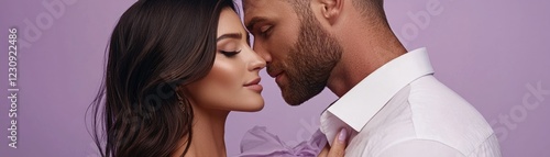 Couple's romantic close-up, purple background, love, intimacy