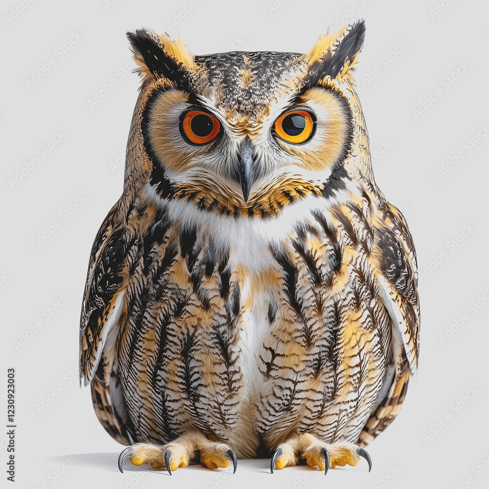 Obraz premium Owl with striking orange eyes perched on a clean white surface showcasing natural beauty and intricate feather details in a serene setting