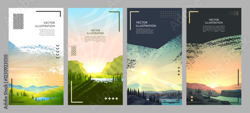 Vector illustration. Scenic landscapes set. Mountains by lake, woodland and clear sunny sky. Brush stroke overlay background. Design template for coupon, voucher, gift card, leaflet