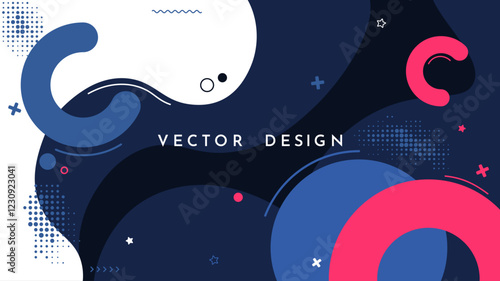 Vector illustration. Abstract background with geometric and dynamic composition with memphis pattern, halftone dots and semi circle shapes. Design for web banner, panoramic wallpaper, digital cover