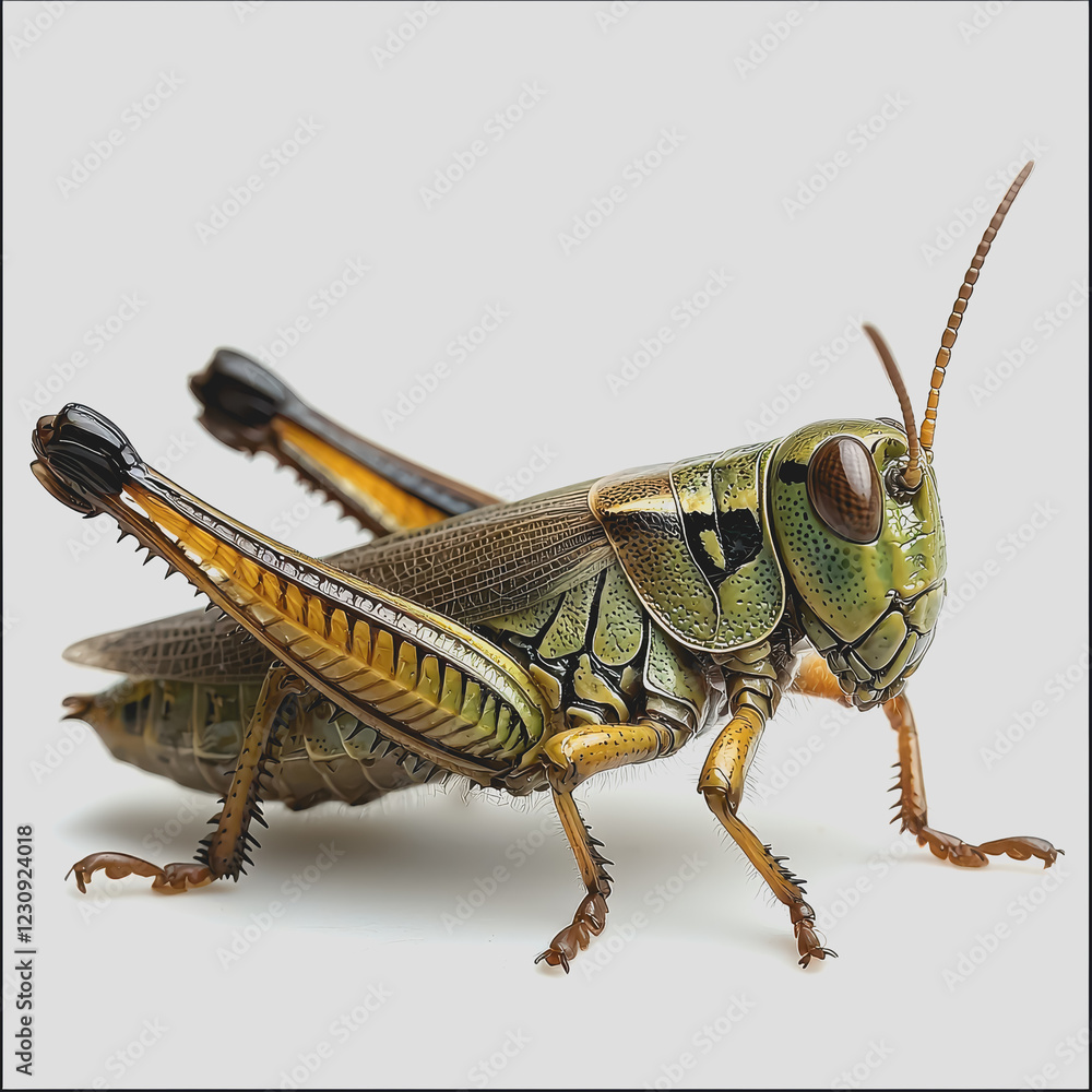 Close up of a grasshopper insect showing detailed features and textures on its body and legs in a natural outdoor setting Close up of a grasshopper insect showing detailed features and textures on its body and legs in a natural outdoor setting