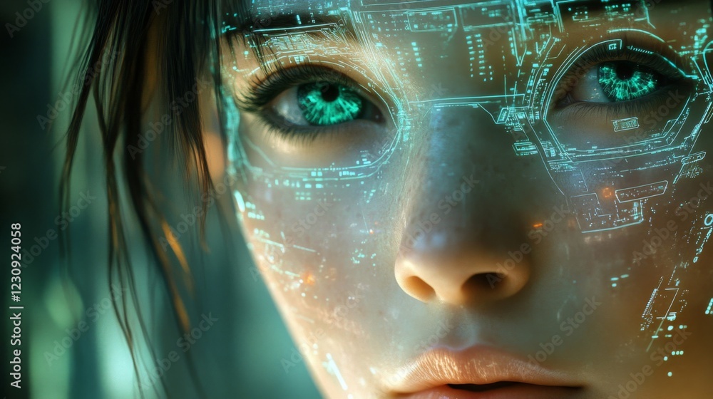 Closeup Portrait of a Woman with Glowing Green Digital Overlay on her Face Closeup Portrait of a Woman with Glowing Green Digital Overlay on her Face