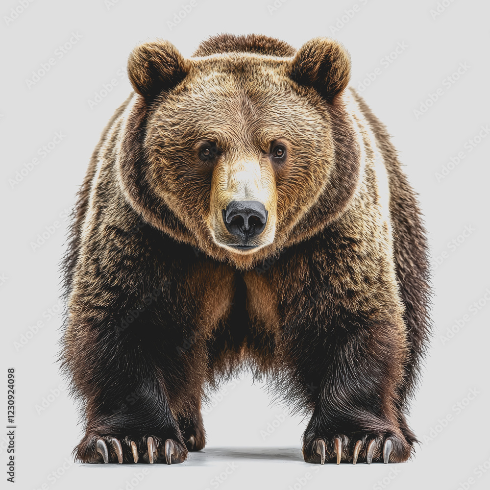 Fototapeta premium Brown bear standing upright against a plain white background showcasing its fur and posture in a natural setting for wildlife photography