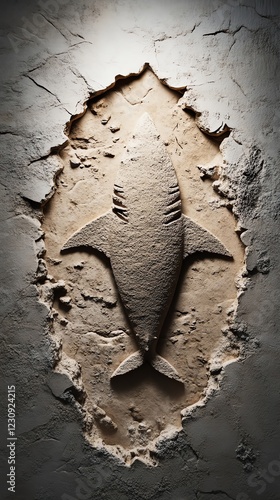 Ancient fossilized shark embedded in rock, museum exhibit, 3D illustration photo