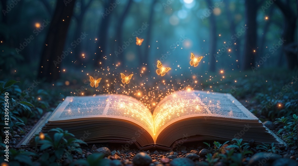 Obraz premium Enchanted Forest with a Glowing Book Surrounded by Magical Creatures - Sparkling Lights.