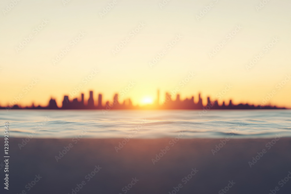 A city skyline is visible in the background as the sun sets over the ocean A city skyline is visible in the background as the sun sets over the ocean