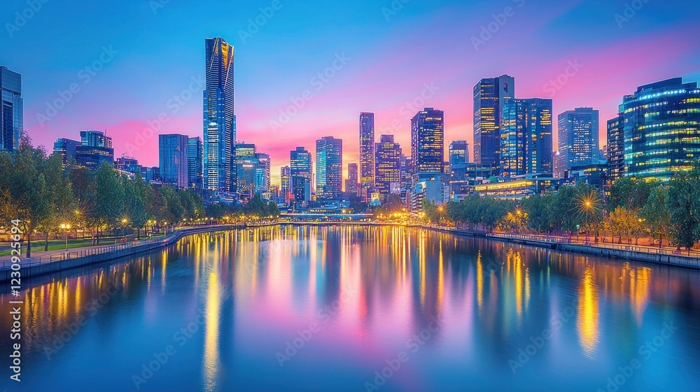 Fototapeta premium Beautiful Cityscape at Twilight with Reflections on Water Surface