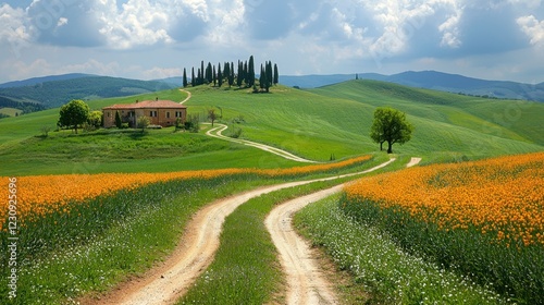 Serene Landscape with Rolling Hills and Vibrant Flower Fields