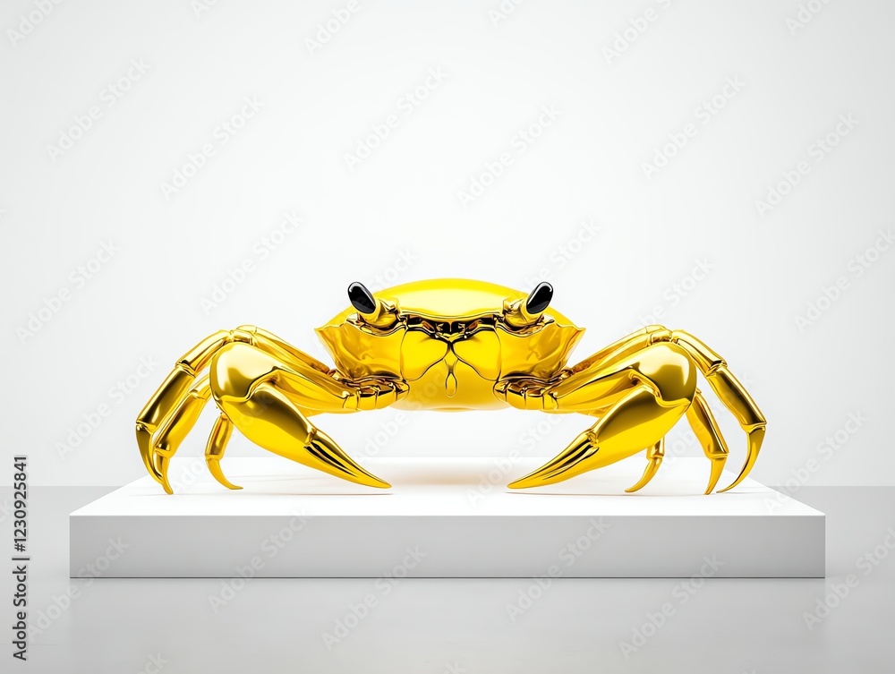 Fototapeta premium Elegant golden crab sculpture displayed in an art gallery, 3D illustration
