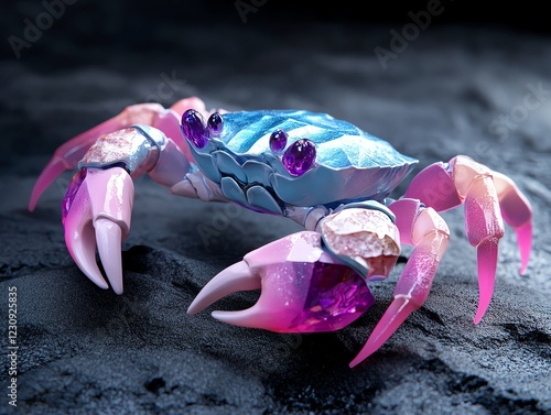 Crystal crab made of precious gemstones, sparkling in a cave, 3D illustration photo