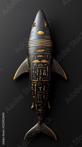 Egyptianstyle shark with golden hieroglyphs on its body, ancient mythology, 3D illustration photo